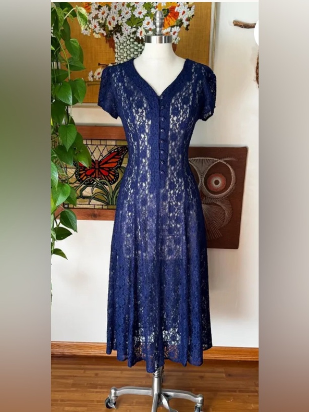 Vintage90s All That Jazz Navy Lace Button-Front Maxi Dress